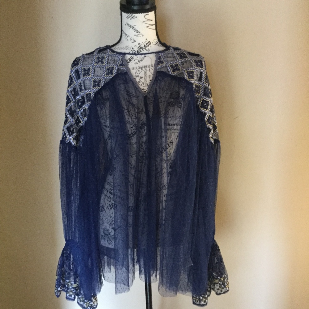 Free People Navy Chiffon Blouse